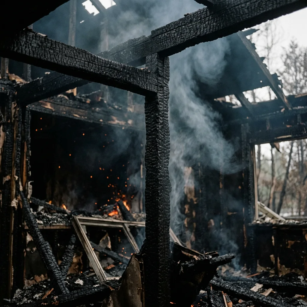 Smoke rising through a fire-damaged residential structure