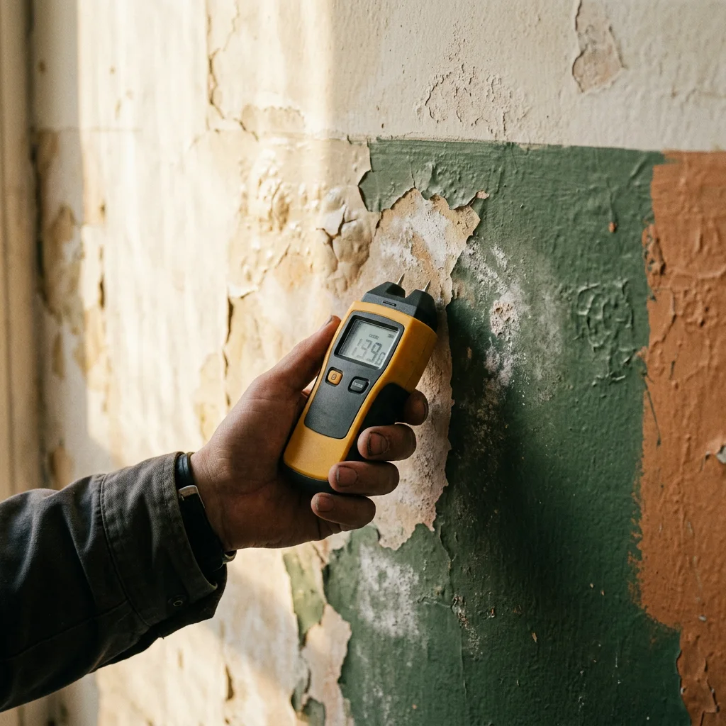 Moisture meter checking a water-damaged interior wall