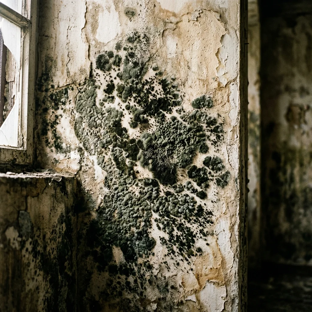 Mold growth on water-damaged interior plaster